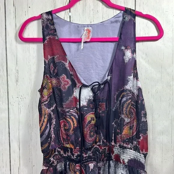 Free People Boho Paisley Print Mini Dress Lace Up Sleeveless Festival Indie - Picture 5 of 16